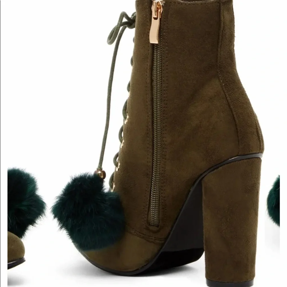 Catherine Malandrino Olive Green Fur Pom Pom Ankle Bootie